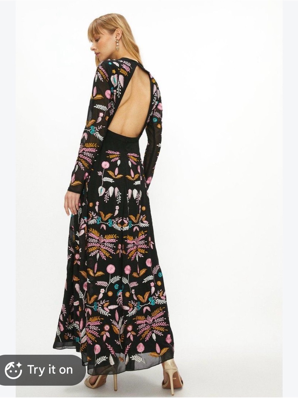 Black Floral Embroidered Backless Maxi Dress